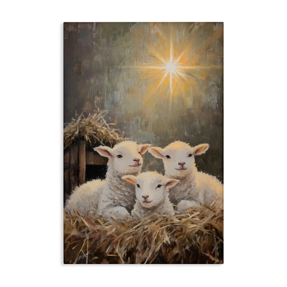 Festive Lambs in Stable Canvas Wall Art, design by Petal Prints Design