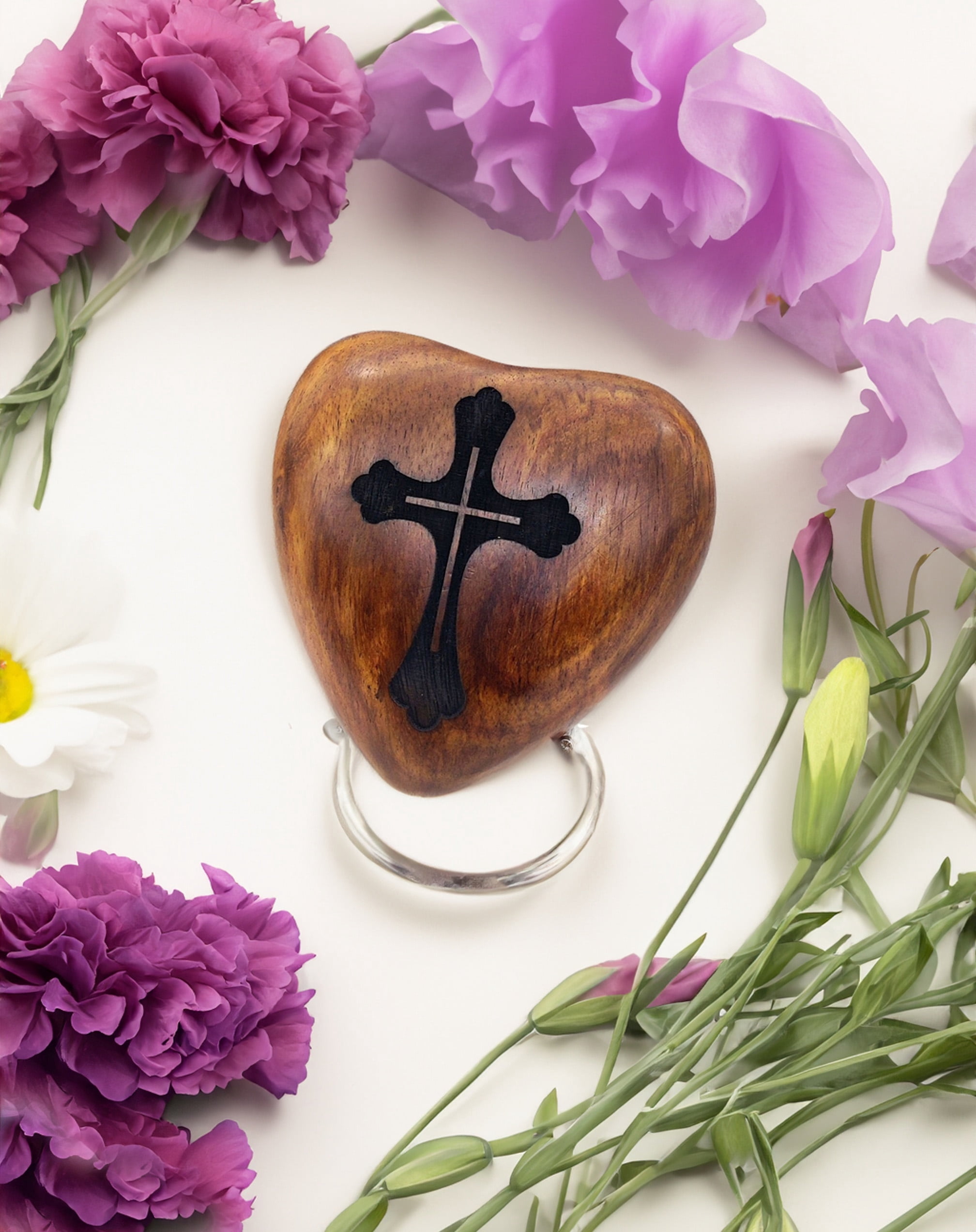 5MOONSUN5 Wooden Heart Urn Keepsake Cremation Urn for Human pet Ashes Handcrafted Urn Heart Shaped - Perfect for Adults & Infants with Brass Stand 3 inch with CROSS Engraving