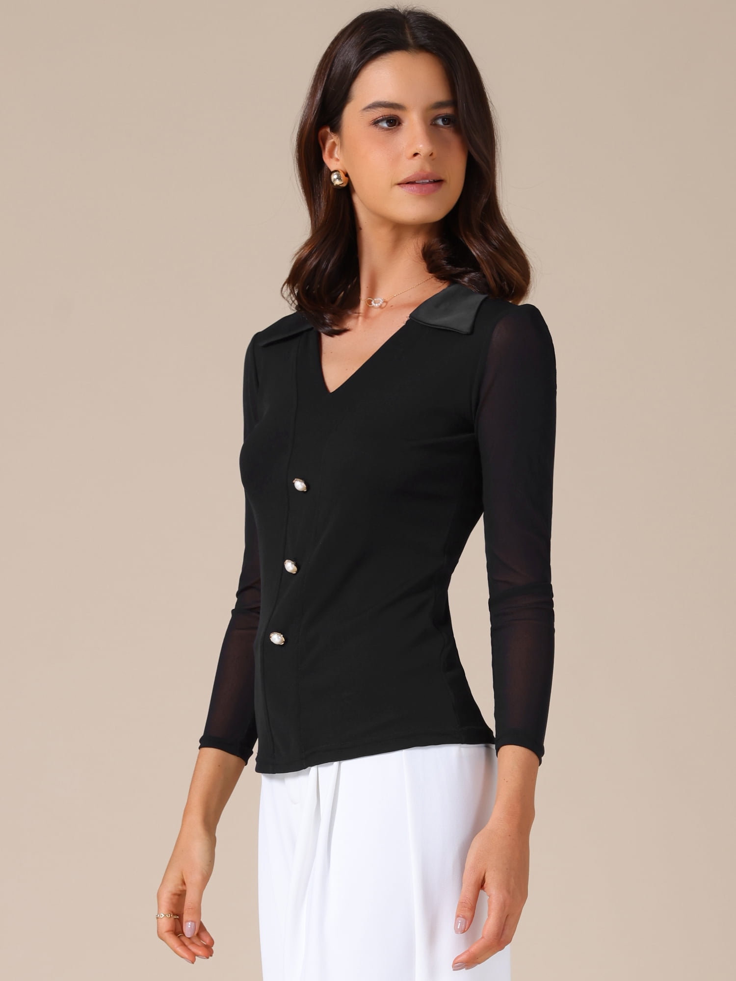 DARING DIVA Women's Long Sleeve V Neck Collared Slim Fit Blouses L Black