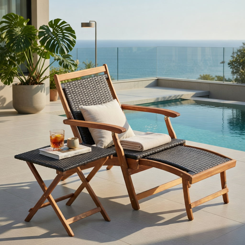 Hommoo 2-Piece Foldable Patio Lounge Set, PE Rattan Folding Chair with Acacia Wood Side Table for Backyard, Poolside & Garden, Brown