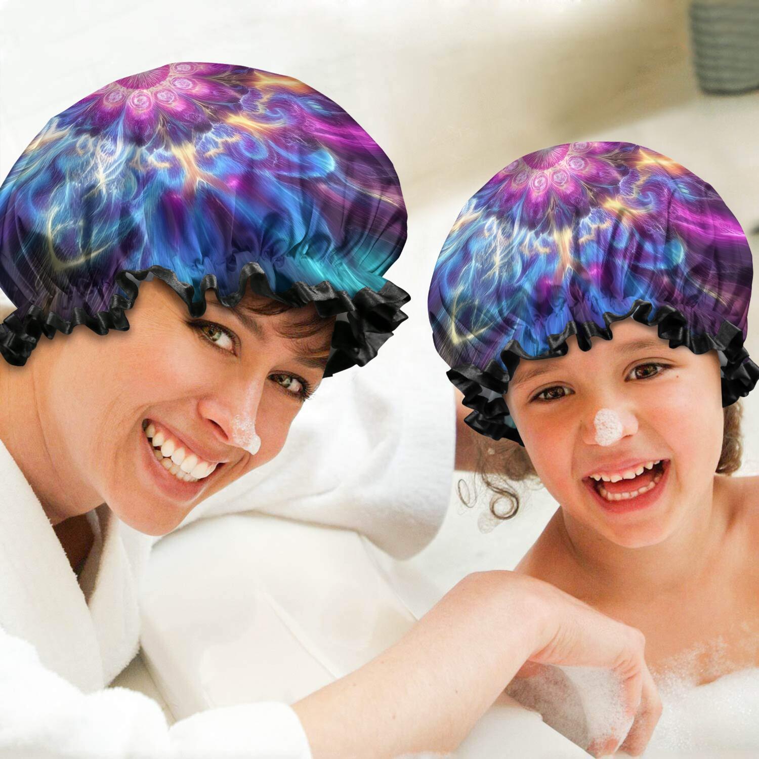 Shower Caps,Colorful Tie Dye Flame Flower Pattern Waterproof Shower Cap for Women 4 Pieces,Double Reusable Hair Cover for Shower PEVA Elastic Stretch Hem