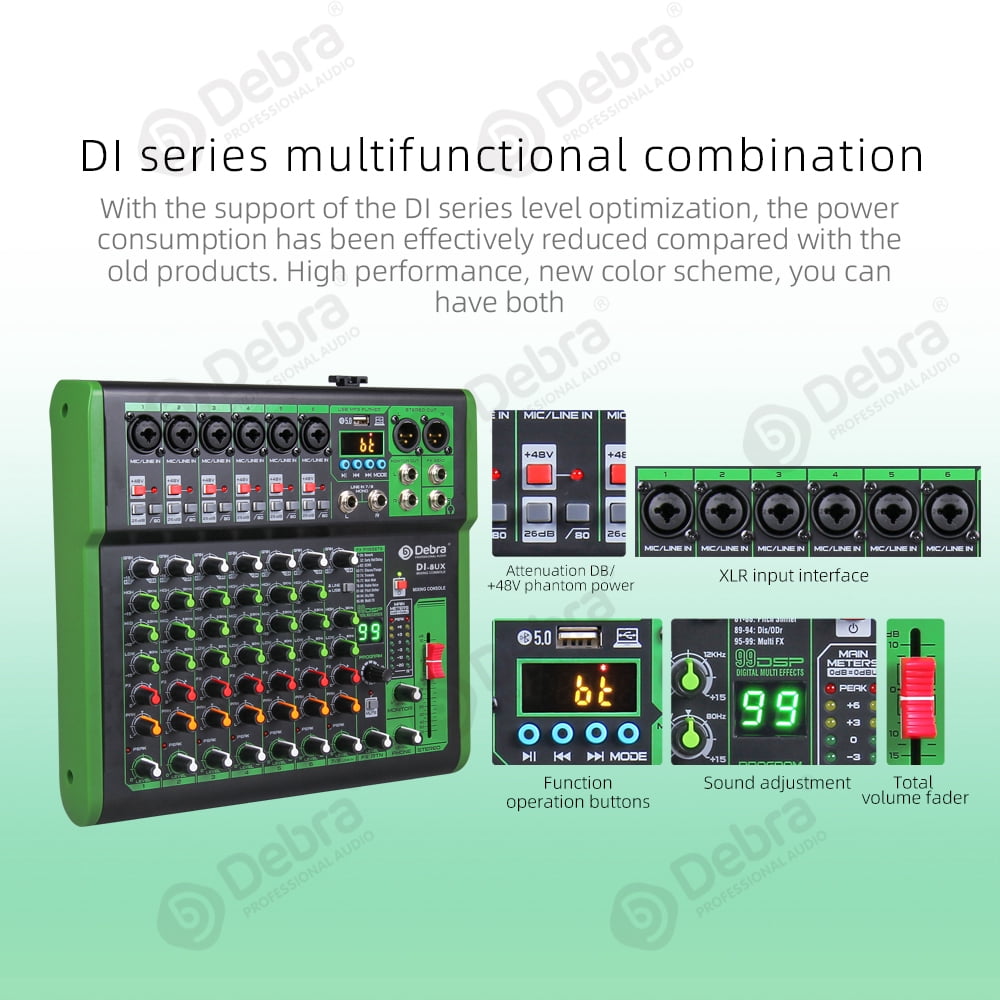 D Debra DI-UX Series Professional Portable Recording Mixer Audio with 99 DSP Digital Effects and USB for DJ Mixer Console Karaoke Home Recording Studio (DI-8UX 8 channels)