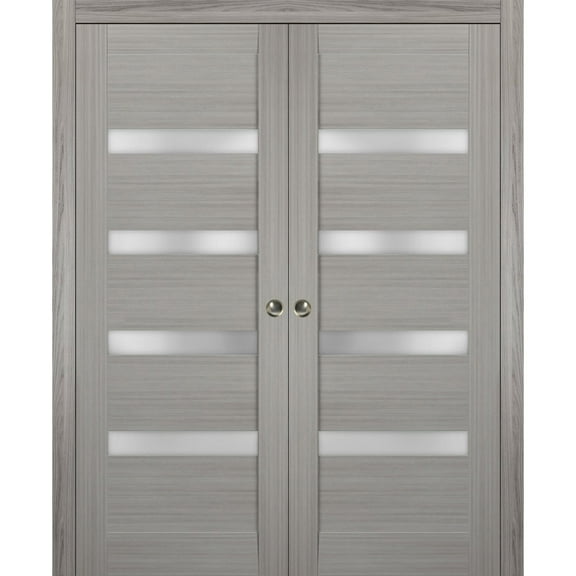 Sliding French Double Pocket Doors 36 x 84 inches | Quadro 4113 Grey Ash with Frosted Glass | Kit Trims Rail Hardware | Solid Wood Interior Bedroom Sturdy Doors