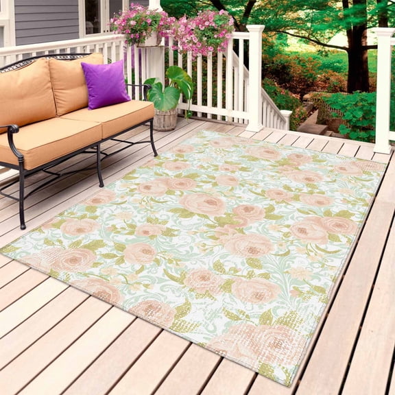 Beige Flowers Outdoor Rug for Patio/Deck/Porch, Non-Slip Large Area Rug 5 x 7 Ft, Farmhouse Botanical Floral Green Leaves Indoor Outdoor Rugs Washable Area Rugs, Reversible Camping Rug Carpet Runner