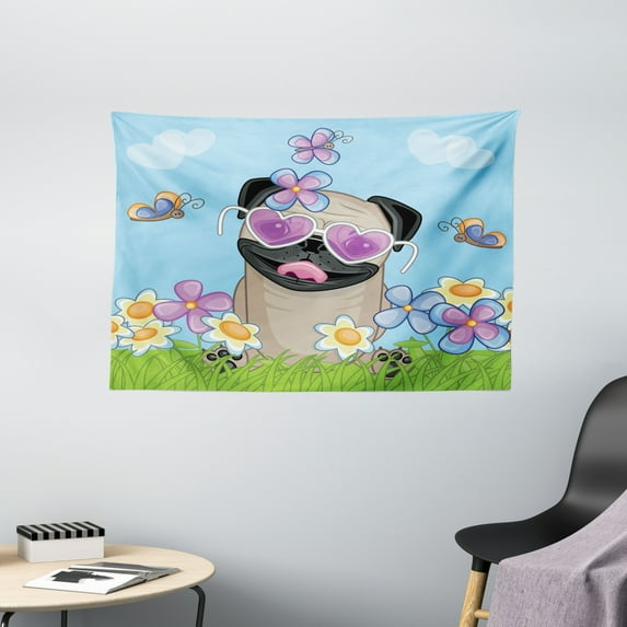 Pug Tapestry, Adorable Puppy on the Field Flowers Butterflies Heart Shaped Clouds Open Sky, Wall Hanging for Bedroom Living Room Dorm Decor, 60W X 40L Inches, Sky Blue Multicolor, by Ambesonne