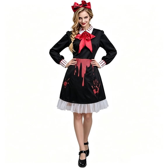 `Women Scary Bloody Maid Halloween Costume, Gothic Horror Fancy Dress Outfit with Red Bow Headpiece for Halloween Cosplay Party`