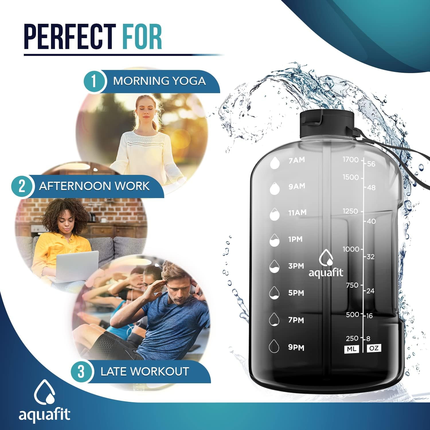 AQUAFIT - Water Bottle with Straw - Motivational Big Water Bottle with Time Marker - Half Gallon, Gray Fade