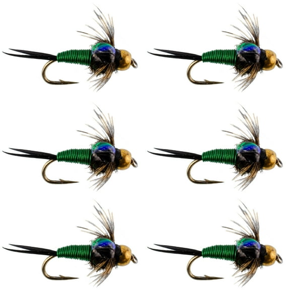 Bead Head Green Copper John Nymph Fly Fishing Flies - Set of 6 Flies Hook Size 14