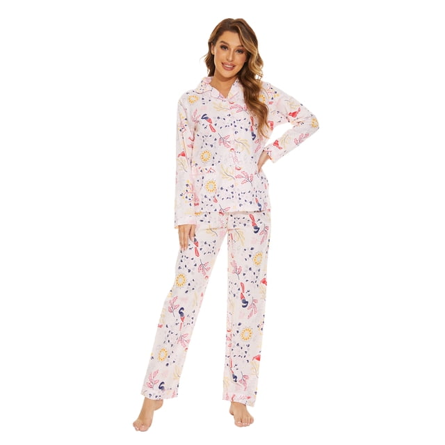 Conjunto de Pijama y Ropa de Descanso de Algodón para Mujer, Top de Manga Larga con Botones y Pantalones con Cintura Elástica y Cordón, Pijamas Suaves y Cómodos de Largo Completo para Mujer, Flor Ros