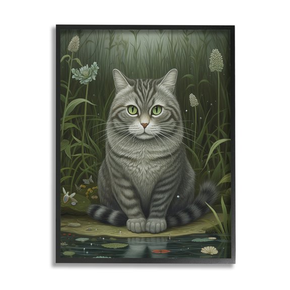Stupell Industries Cat & Pond Lilies Animals & Insects Painting Black Framed Art Print Wall Art, 16 x 20