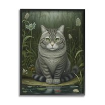 Stupell Industries Cat & Pond Lilies Animals & Insects Painting Black Framed Art Print Wall Art, 16 x 20