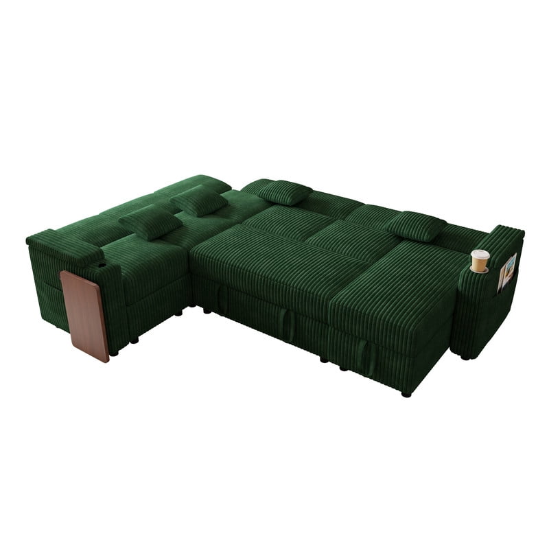 100"W L-Shaped Pull-Out Sofa Bed with USB Ports,Table Board,Cup Holder & Storage,7-Seat Corduroy Modular Sectional Sofa,Convertible Sleeper,Green