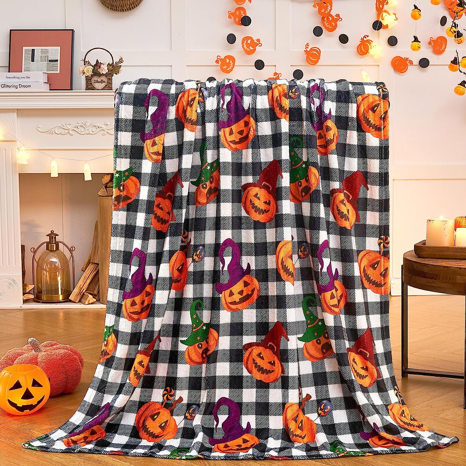 inhand Halloween Blanket, Black Buffalo Plaid Fall Pumpkin Throw
