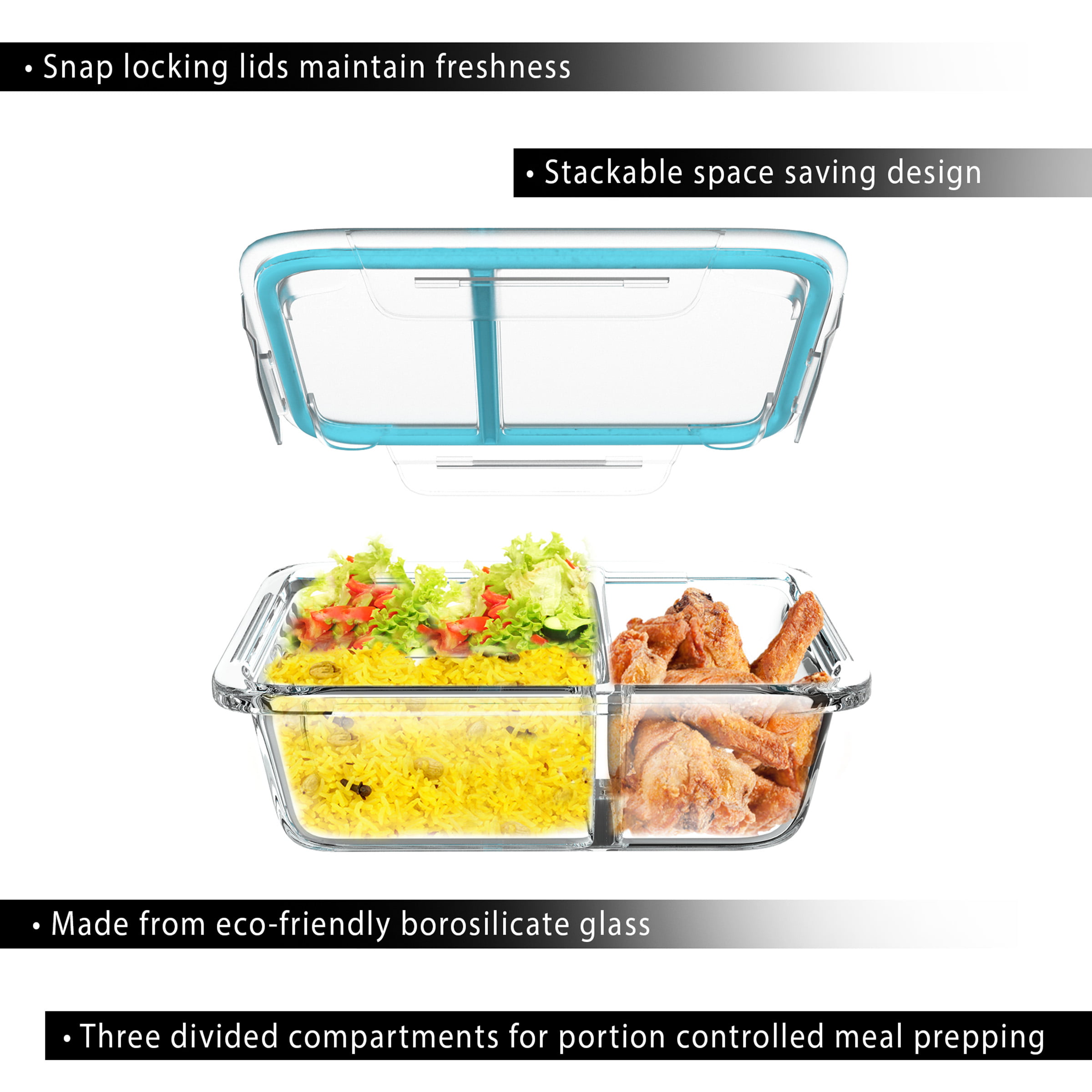  Glass Food Storage Containers 3 Compartment with Lids (5 Pack,  34oz), Divided Glass Meal Prep Containers for Lunch at Work, Leak-Proof  Portion Control Food Containers, Microwave/Dishwasher Safe: Home & Kitchen