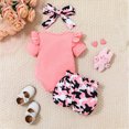 thumbnail image 4 of Xudanell Girls Summer Outfits Baby 3 Piece Set Girl Birthday Clothes Cartoon Printed Short Sleeve Romper Tops Shorts Headband Pink 6-9 Months, 4 of 4
