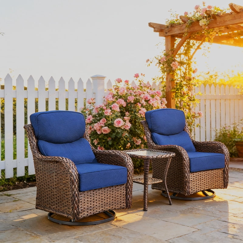 Outdoor Rattan Chair Cushions, Waterproof Patio Chair Replacement Cushions, 6in Thick Seat Back Cushion for Deck Yard and Poolside（Blue 2pc）