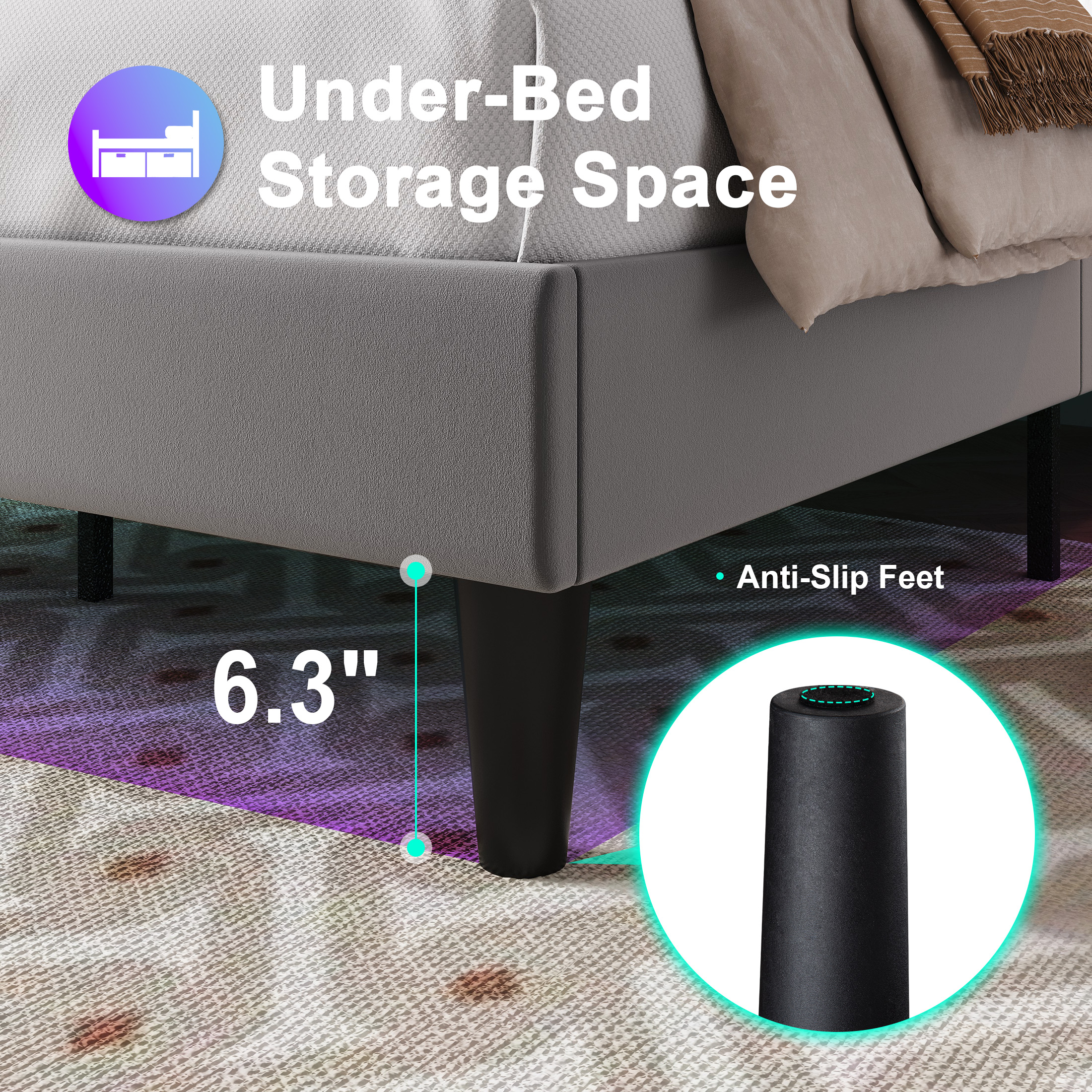 Amolife Full Size Bed Frame with Charging Station & LED Light, Velvet Upholstered Platform Bed with Geometric Wingback Headboard, Grey
