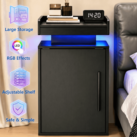 VGBYUJ Nightstand with LED Lights, Wooden Bedside Table with Storage Cabinet and Side Open Shelf, Modern End Table for Bedroom Living Room, Black LED Night Stand