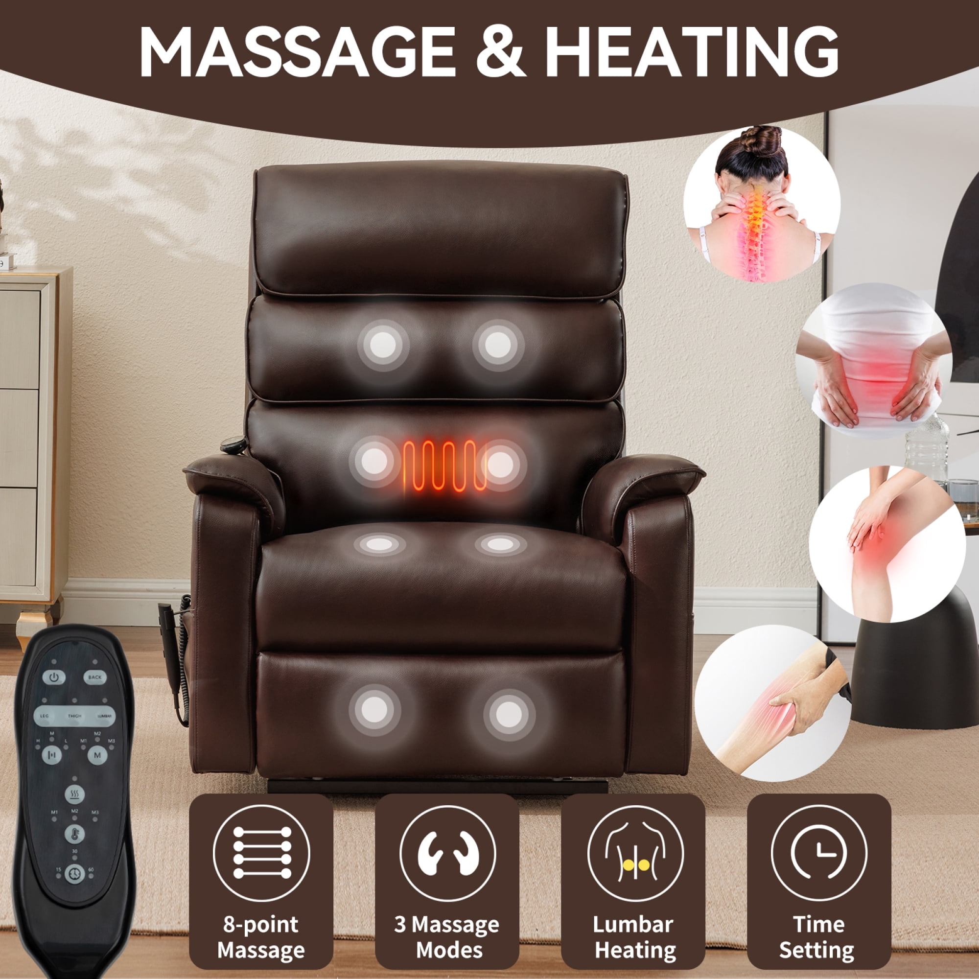 Leumius Power Lift Recliner Chair for Elderly with Vibration Massage and Lumbar Heating,Electric Lift Recliner Single Sofa with Side Pocket and Infinite Position for Living Room,Brown