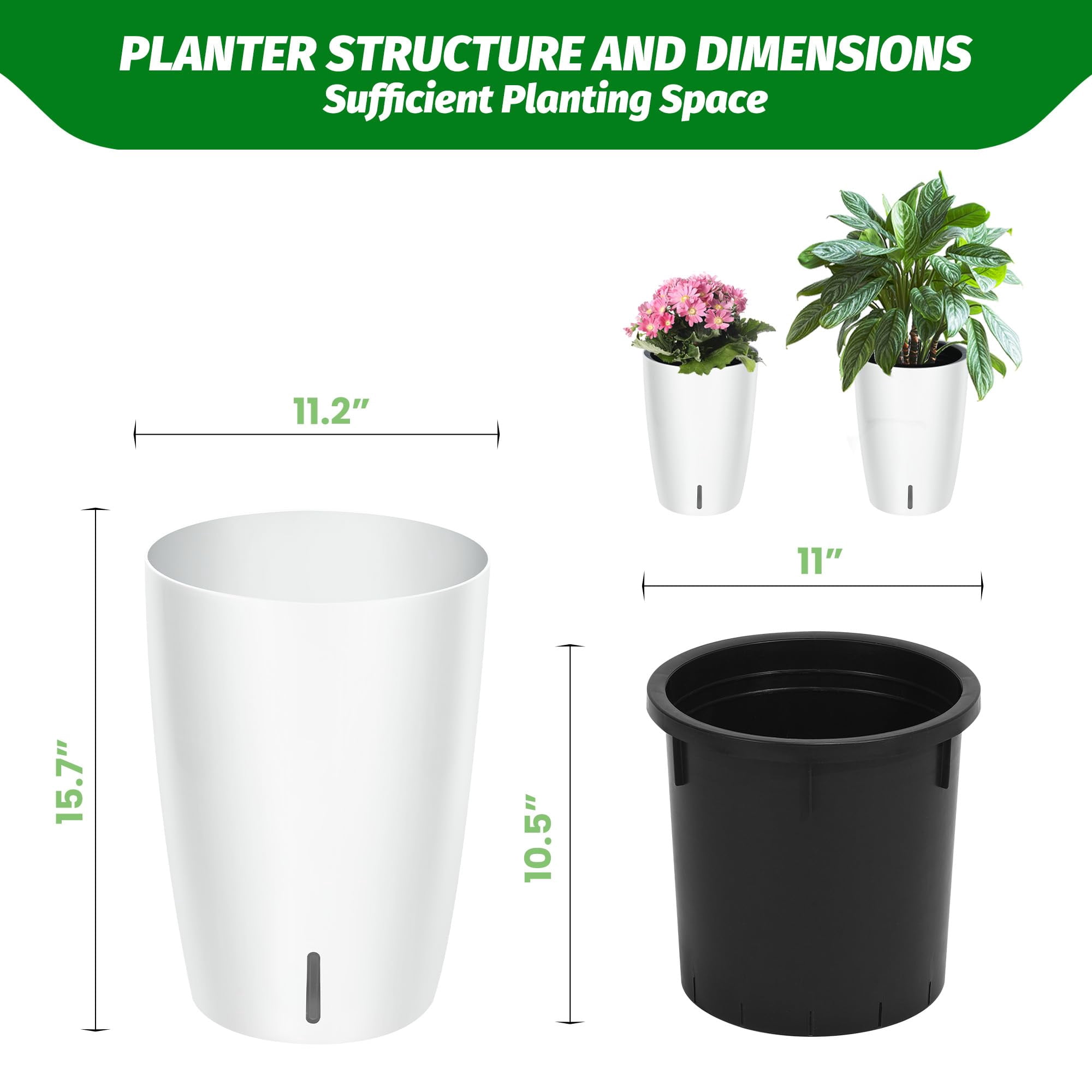Large Planters with Built-In Drainage System and Water Level Monitor, Planter Set of 2, Self-Watering Flower Pots for Indoor and Outdoor Use, Perfect for Porch, Patio, Backyard