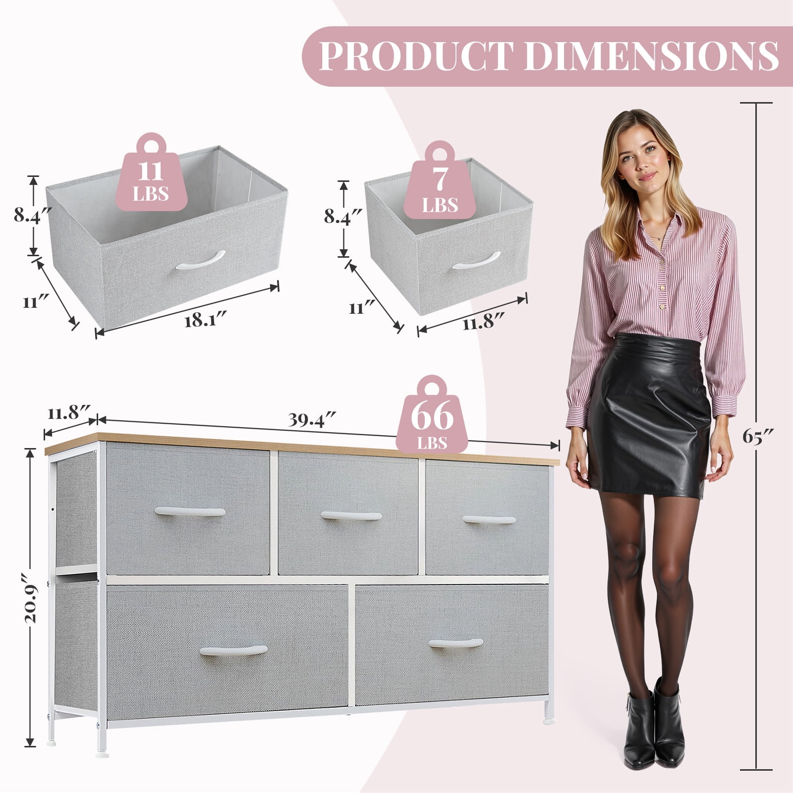 Dresser, Betcozy Storage Organizer with 5 Drawers for Bedroom, Chest of Drawers with Fabric Bins, Sturdy Metal Frame, Wood Tabletop, Light Gray