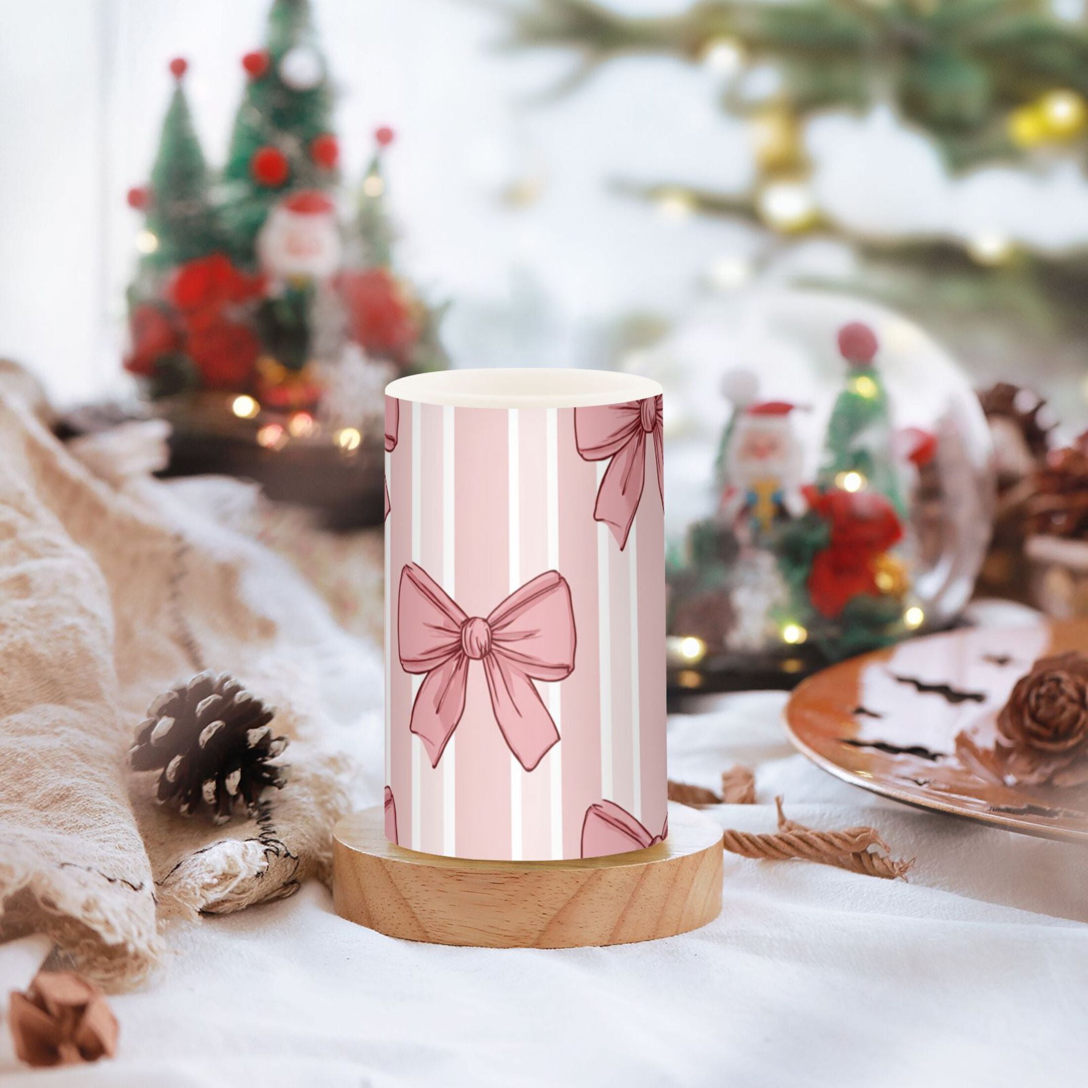 Pink Stripes Bows Flickering Flameless Candles LED Tealight Battery Operated with Remote Set of 2 Holiday Decor Ornaments