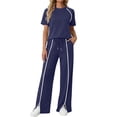 thumbnail image 3 of QATAINLAV Two Piece Sets for Women Summer Workout Outfits Mock Neck Short Sleeve Tees Tops and Side Slits Wide Leg Pants Matching Sweatsuit Navy S, 3 of 8