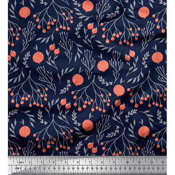 Soimoi Blue Rayon Fabric Branch & Red Berries Fruits Print Fabric by Yard 56 Inch Wide
