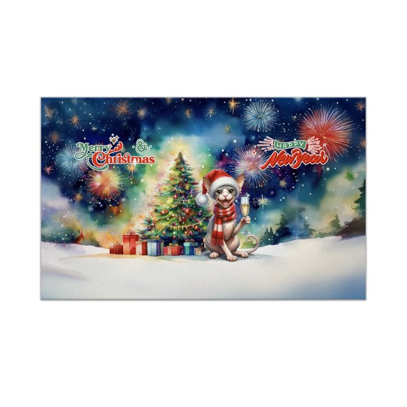 Merry Christmas and Happy New Year Santa Sphynx Holiday Xmas Winter 2025 Doormat Cat Lover Kitten Owner Gifts Idea Indoor Outdoor Welcome Mat - 00024