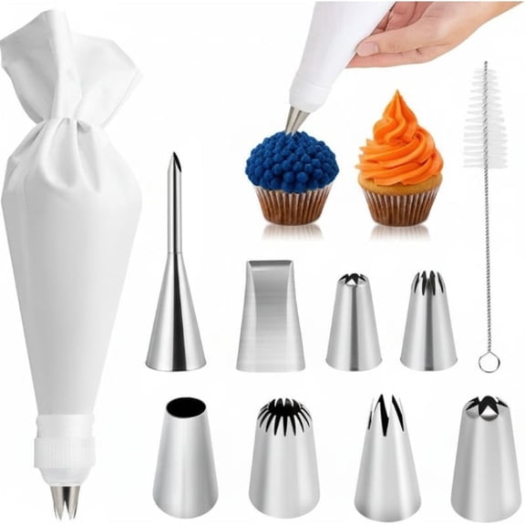 9-Piece Baking Decorating Kit, Reusable Cotton Pastry Bags, Stainless Steel Nozzles & Accessories for Cake Decor