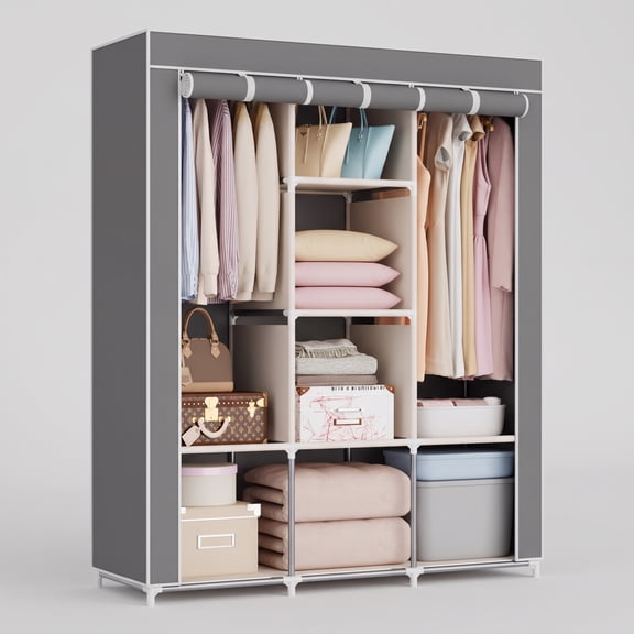 Carestrong Wardrobe Closet,Portable Closet for Bedroom Steel Pipe Diameter 12mm Strong and Sturdy Grey Portable Closets for Hanging Clothes with 2 Hanging rods, 8 Storage Shelves.