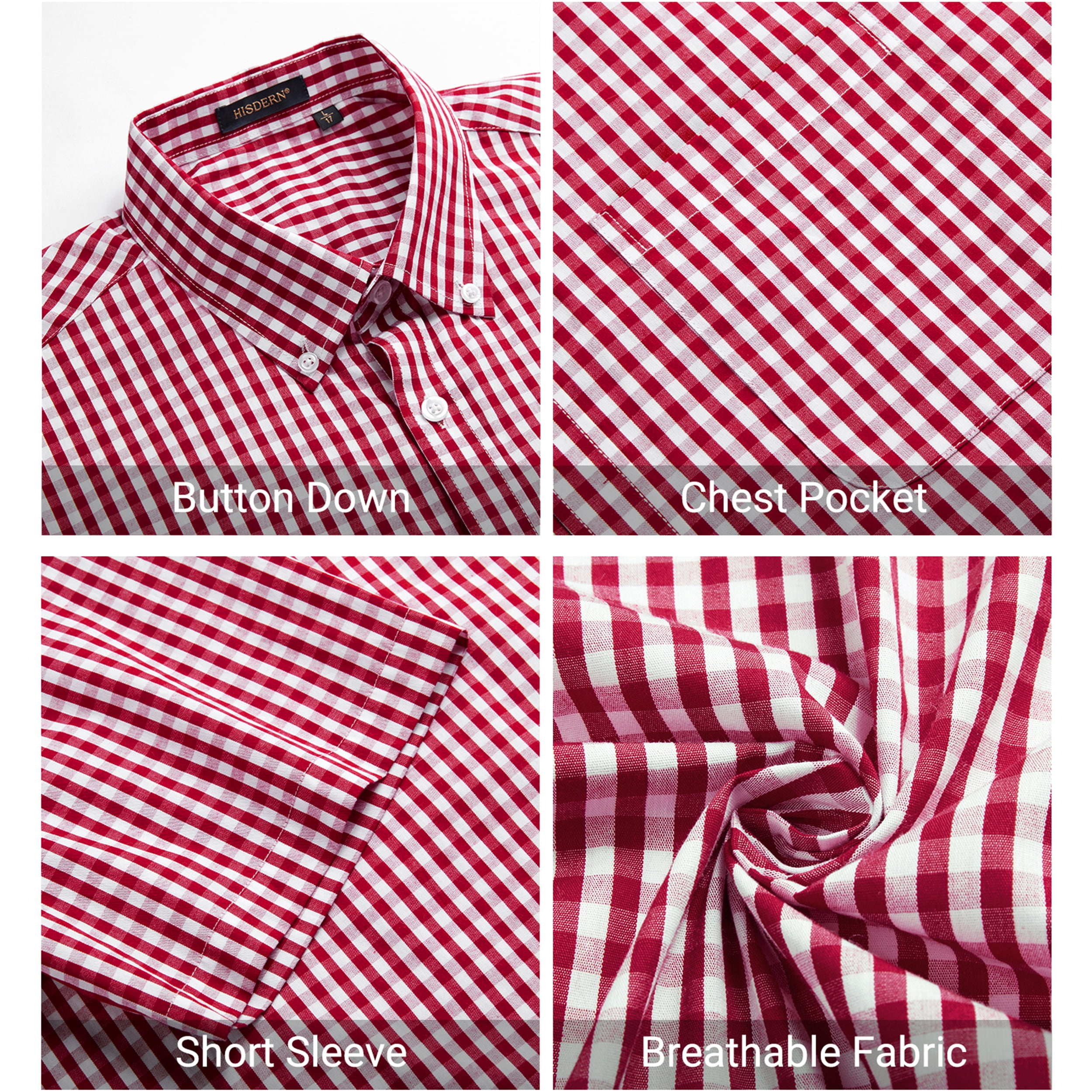 Mens Plaid Shirts Short Sleeve Summer Button Down Shirt Formal Business Work Red Shirts with Pocket