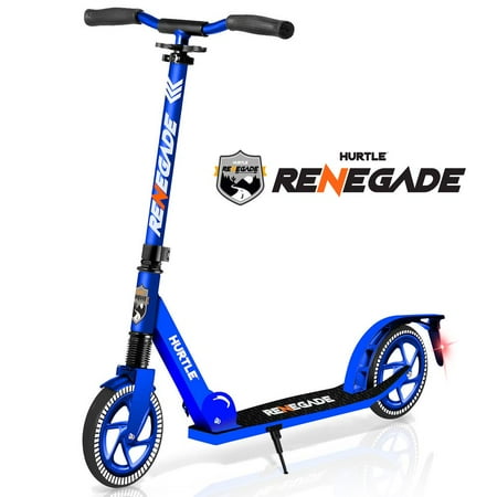 Hurtle Renegade Lightweight Foldable Teen and Adult Adjustable Ride On 2 Wheel Transportation Commuter Kick Scooter, Blue