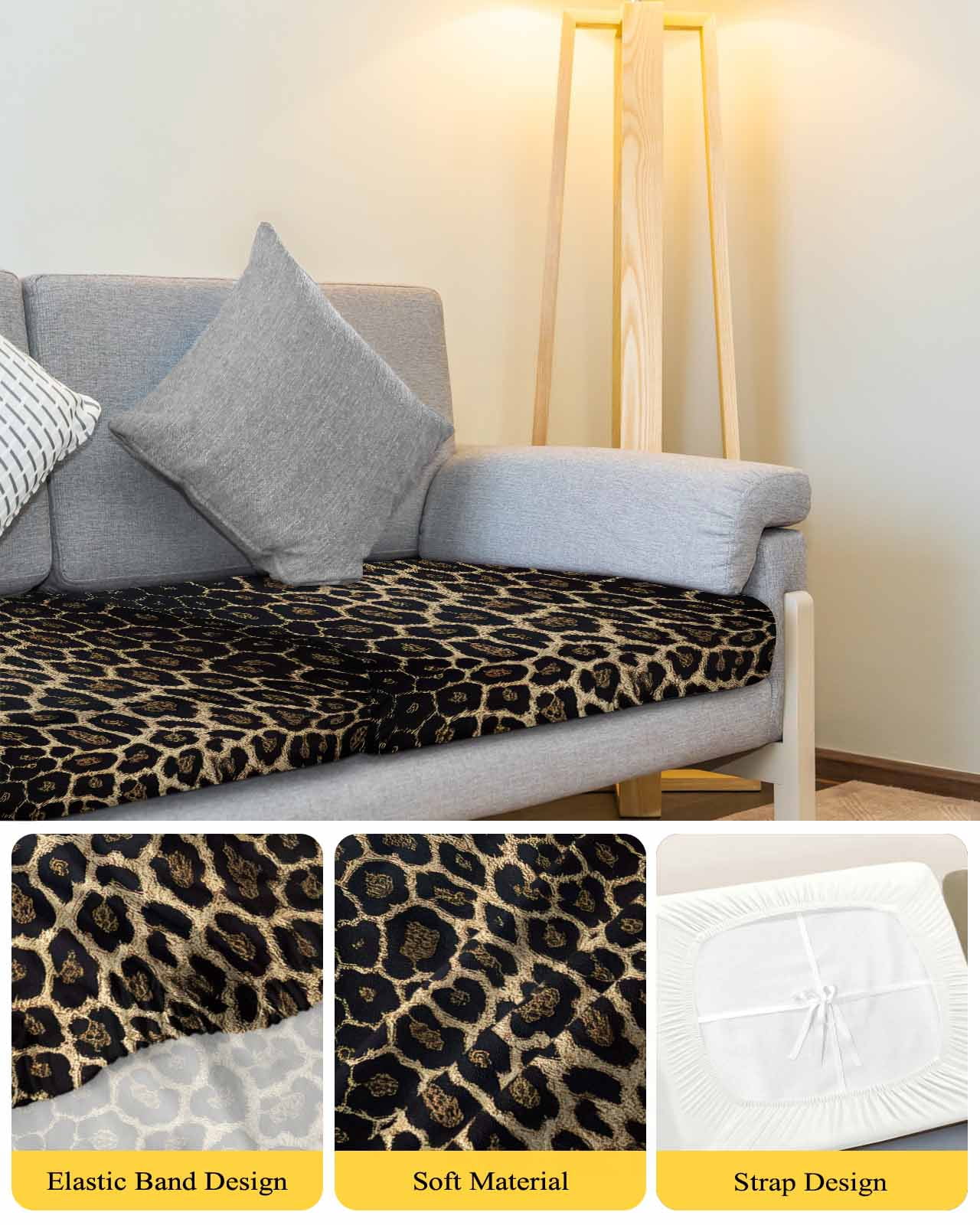 Leopard Print Couch Cushion Covers,Stretch Seat Cushion Covers for Sectional Sofa,Chic Abstract Black Brown Animals Texture Individual Sofa&nbsp;Slipcovers Furniture Protector Elastic Straps 1Pcs,S