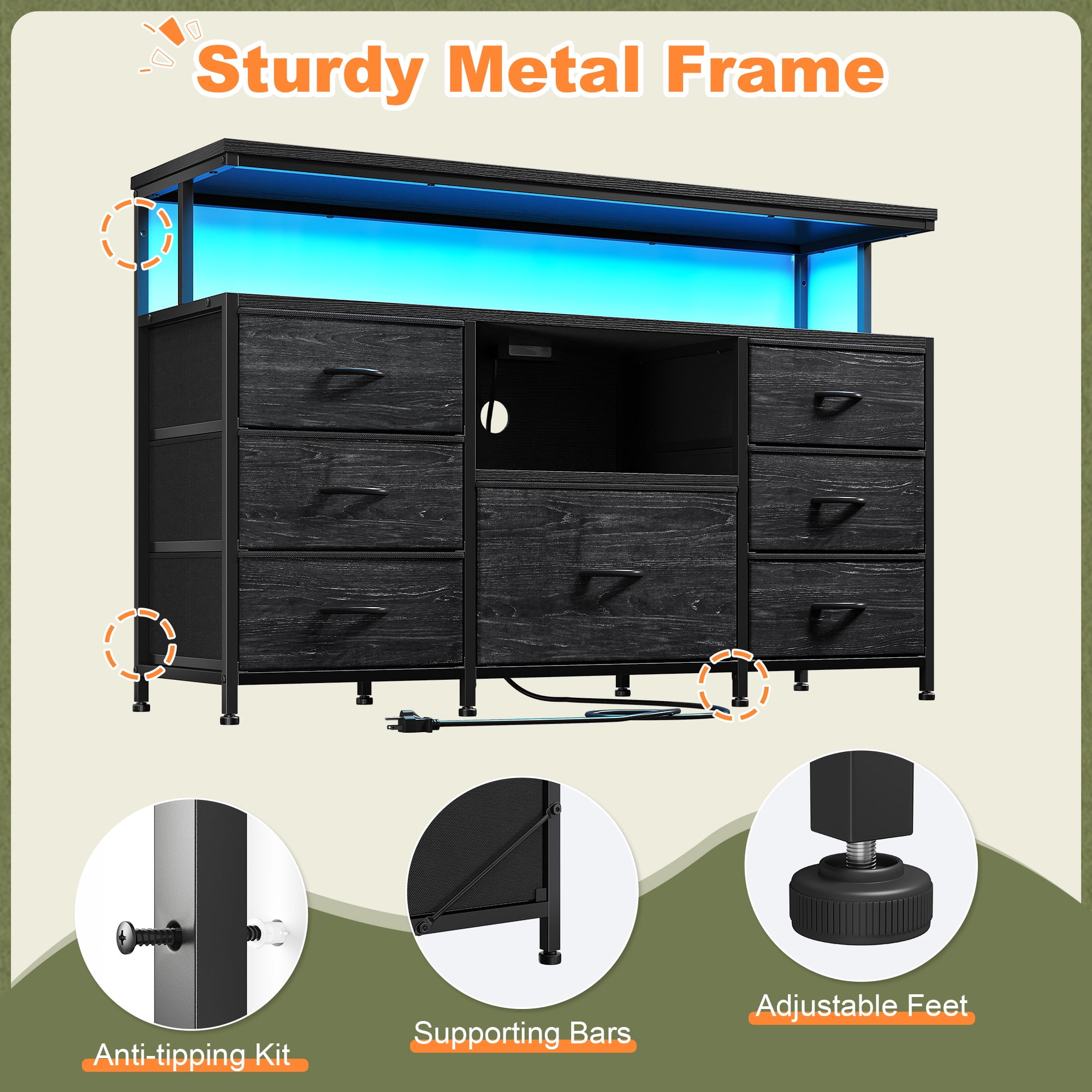 Dresser TV Stand for Bedroom with 7 Fabric Drawers,Wide Dresser for Bedroom with LED Lights & Power Outlets for 55" TV  & Open Shelves for Living Room, Sturdy Frame, Black