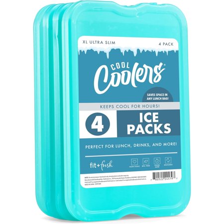 Cool Coolers by 4 Pack XL Slim Ice Packs, Quick Freeze Space Saving Reusable Ice Packs for Lunch Boxes or Coolers, Green