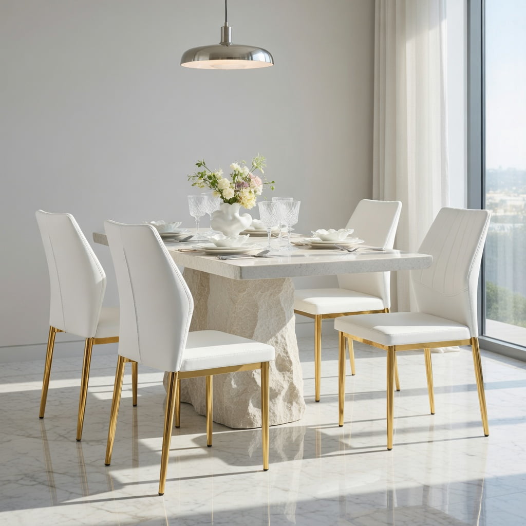 Hommoo 4-Pack Modern Dining Chairs, 37 in Tall, Ergonomic PU Leather Backrest, Sturdy Metal Frame, Easy-Clean Design for Kitchen or Dining Room, White & Gold