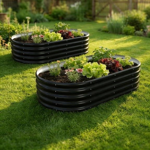 LIALEX 2 Sets Black Galvanized Raised Garden Bed 4 by 2 Feet Oval Lightweight Metal Planter Boxes Outdoor with Easy Assembly, Rust Resistant