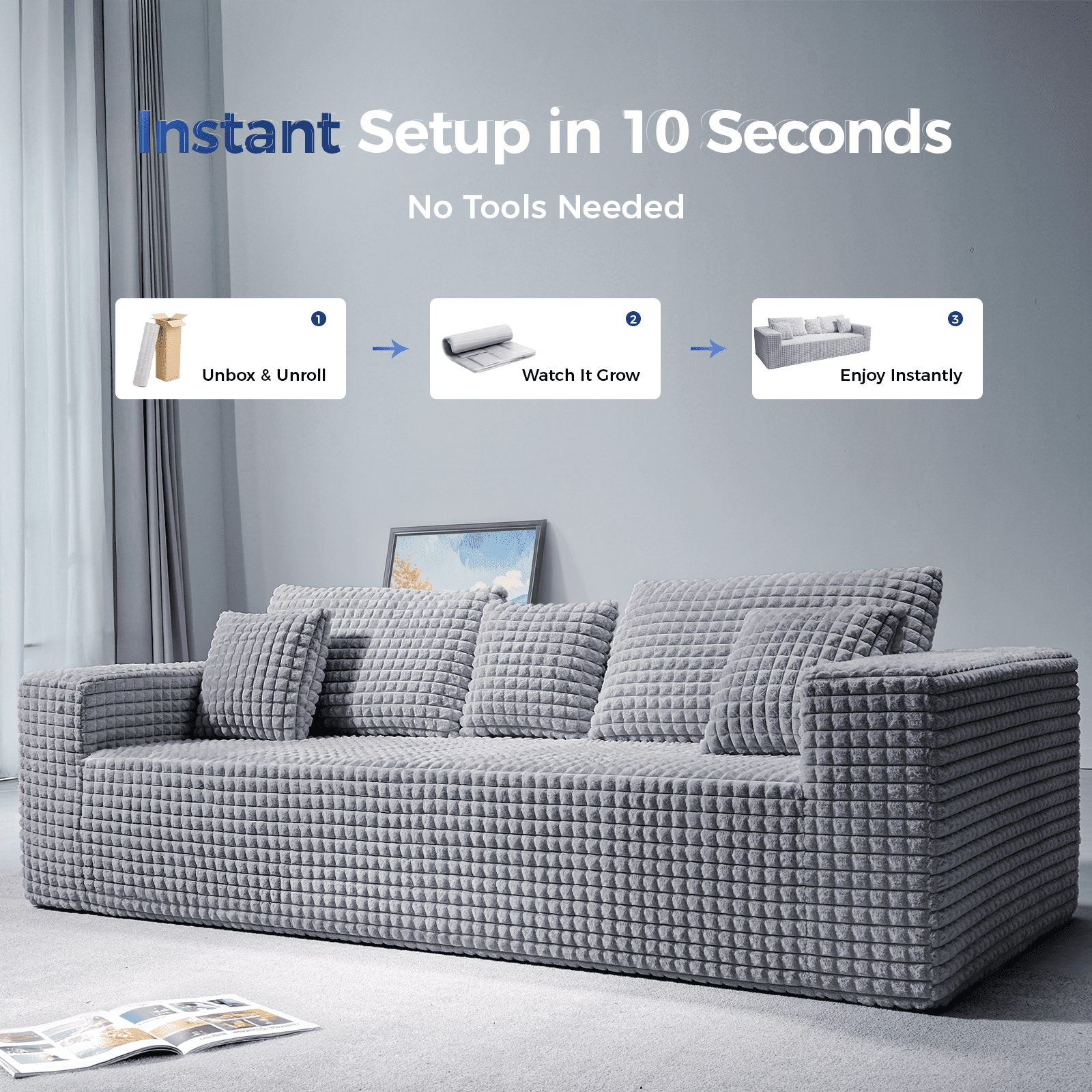 Patbrela 101" Couch for Living Room Furniture Diamond Boneless Sofa with 31-inch Extra Deep Seat, No Assembly, Gray