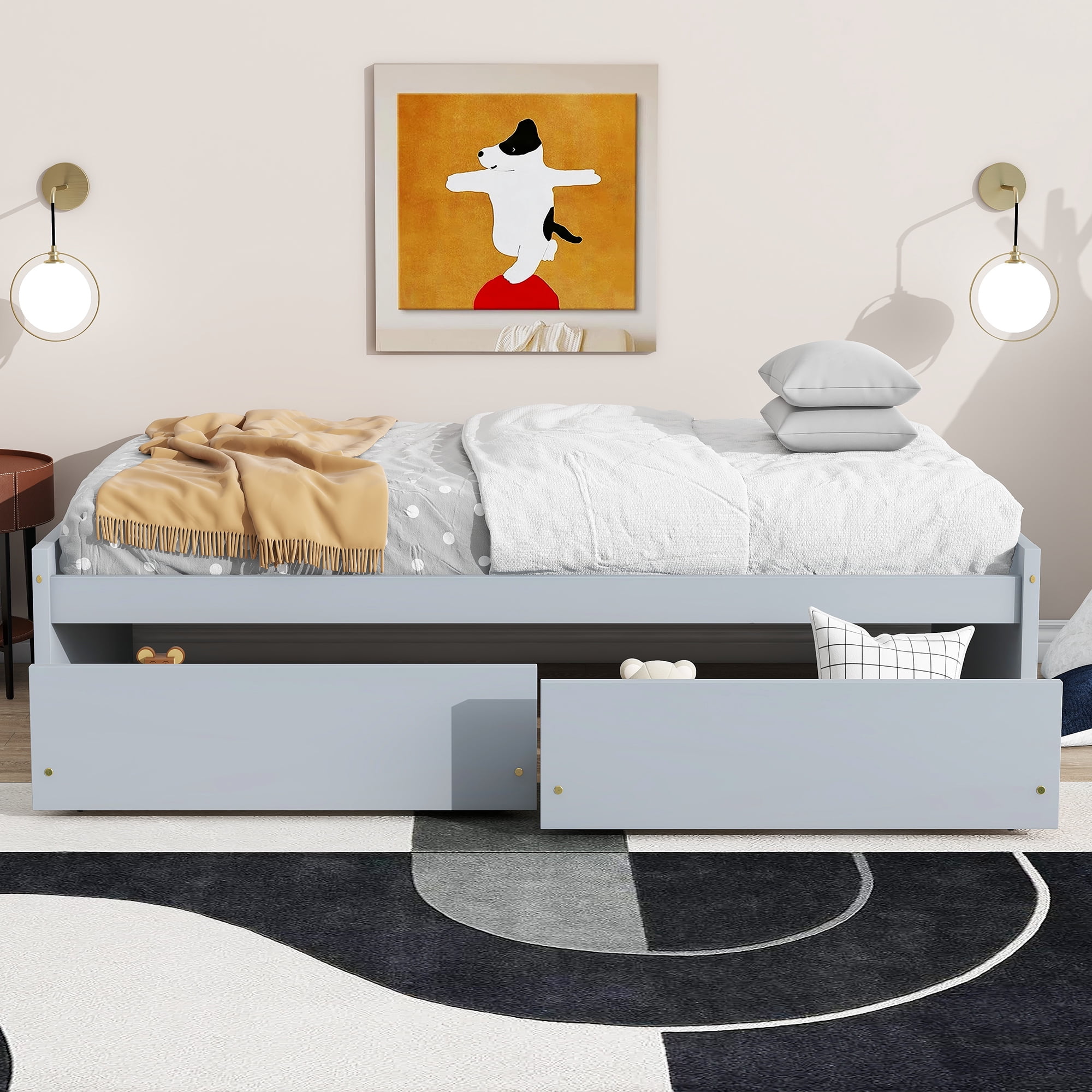 Sailvan Twin Size Bed with 2 Drawers, Solid Rubber Wood Bed