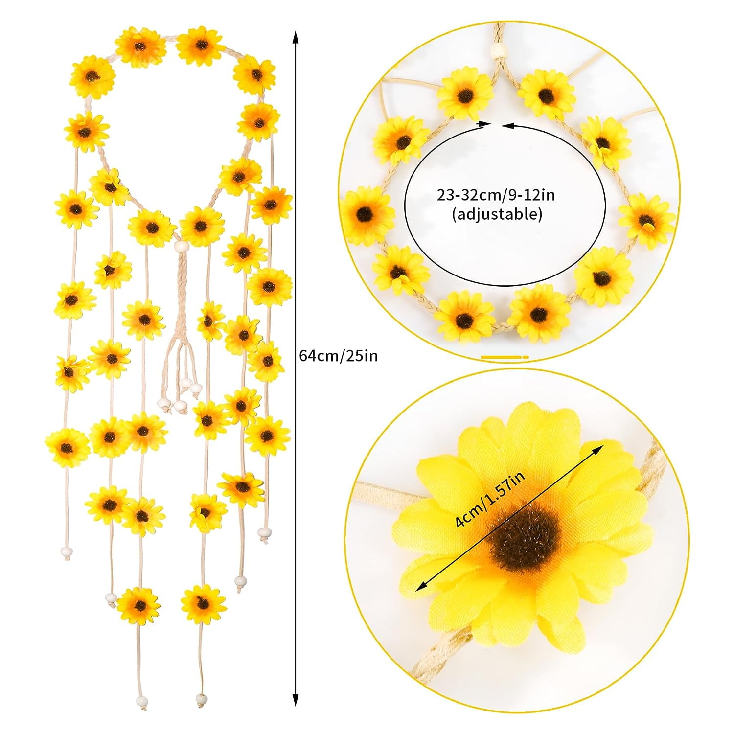 Eruceky Sonnenblumen-Haarband Verstellbar – Bohème-Stirnband Mit Blumen, Für Strand, Party, Festival, 64 Cm Lang