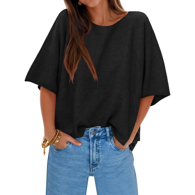 Jersey Cicky Bell para mujer, media manga, cuello barco, de gran tamaño, negro