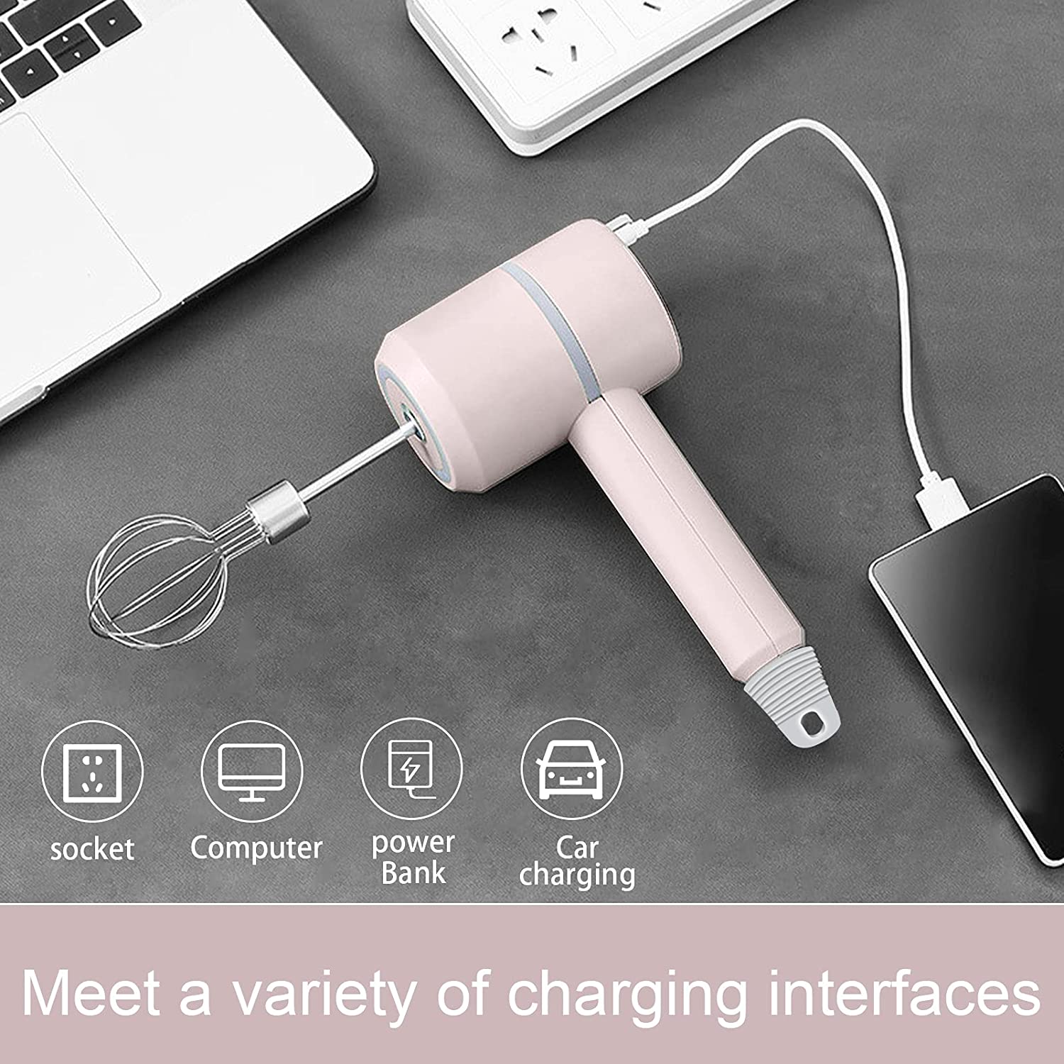 KWELLK Mini Wireless Hand Mixer, 20W Ultra Power Cordless Portable Kitchen Mixer Handheld Mixer With 3 Speed + 5 Stainless Steel Accessories Food Mixer for whisking egg , Cream, Cake