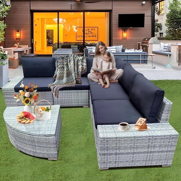 6-Piece Light Gray Wicker Outdoor Sectional Sofa Set with Semi-Circle Coffee Table, Dark Blue Cushions, All-Weather Patio Conversation Furniture for Backyard, Garden, Deck