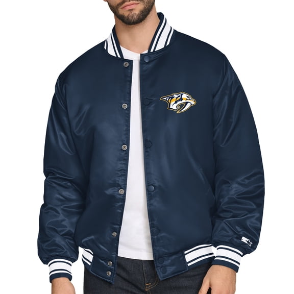 Men's Starter Navy Nashville Predators Triangle Satin Varsity Full-Snap Jacket