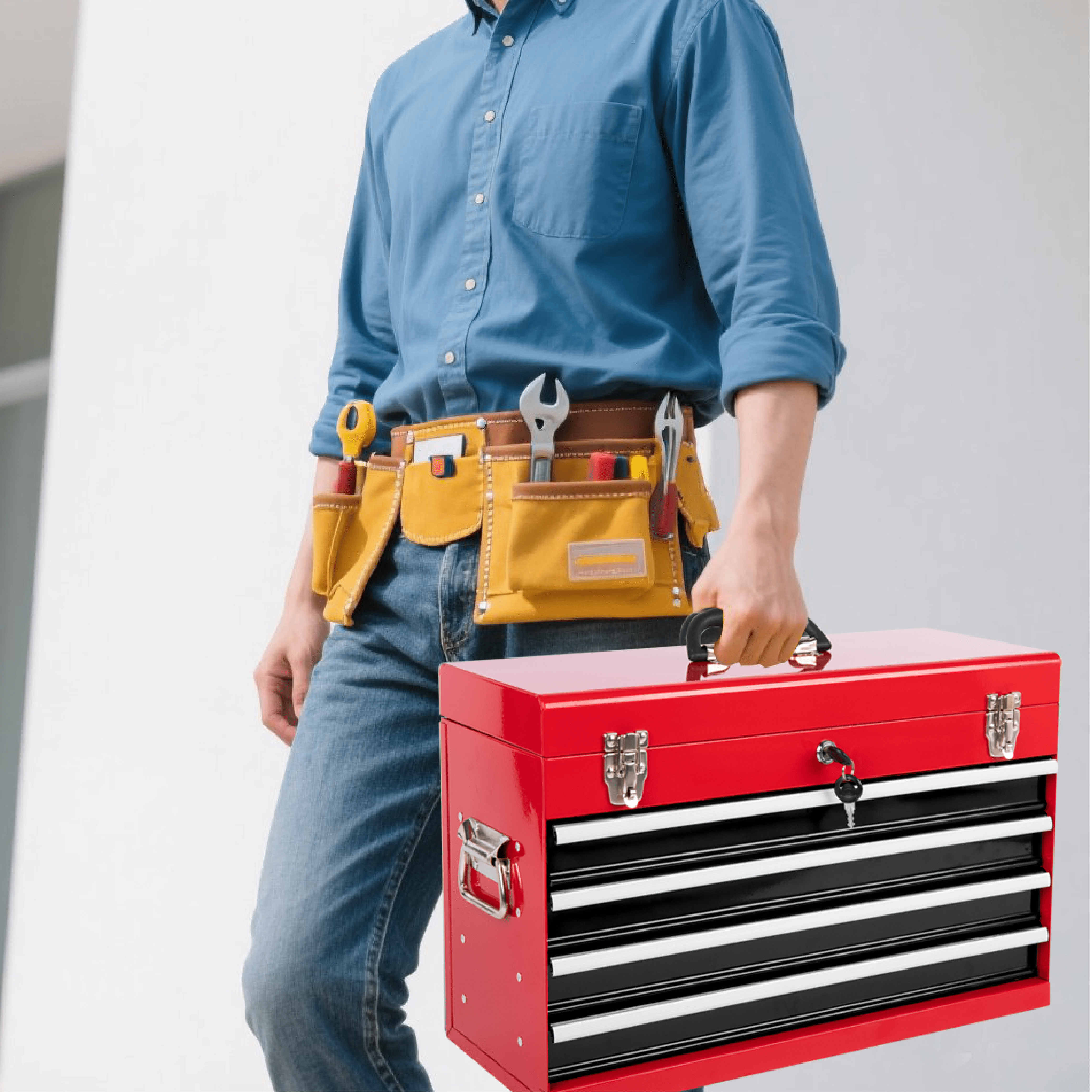 Red Black Metal Tool Box - 23.62 in Length Portable Tool Chest with 4 Drawers and Ball Bearing Slides for Workshop Organizati