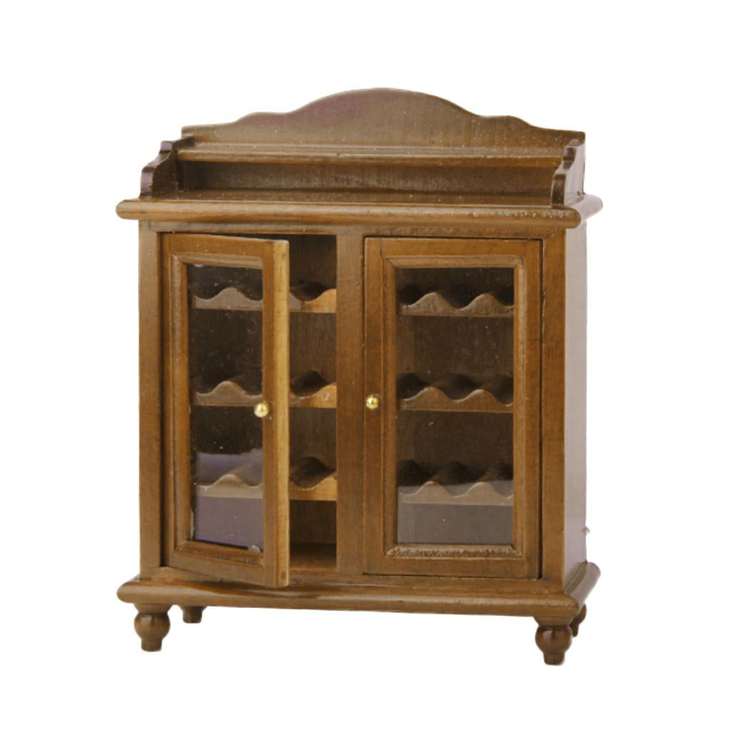 1:12 Dollhouse Mini Furniture Arc Edge Wine Cabinet w/Opening Door Walnut,2x 
