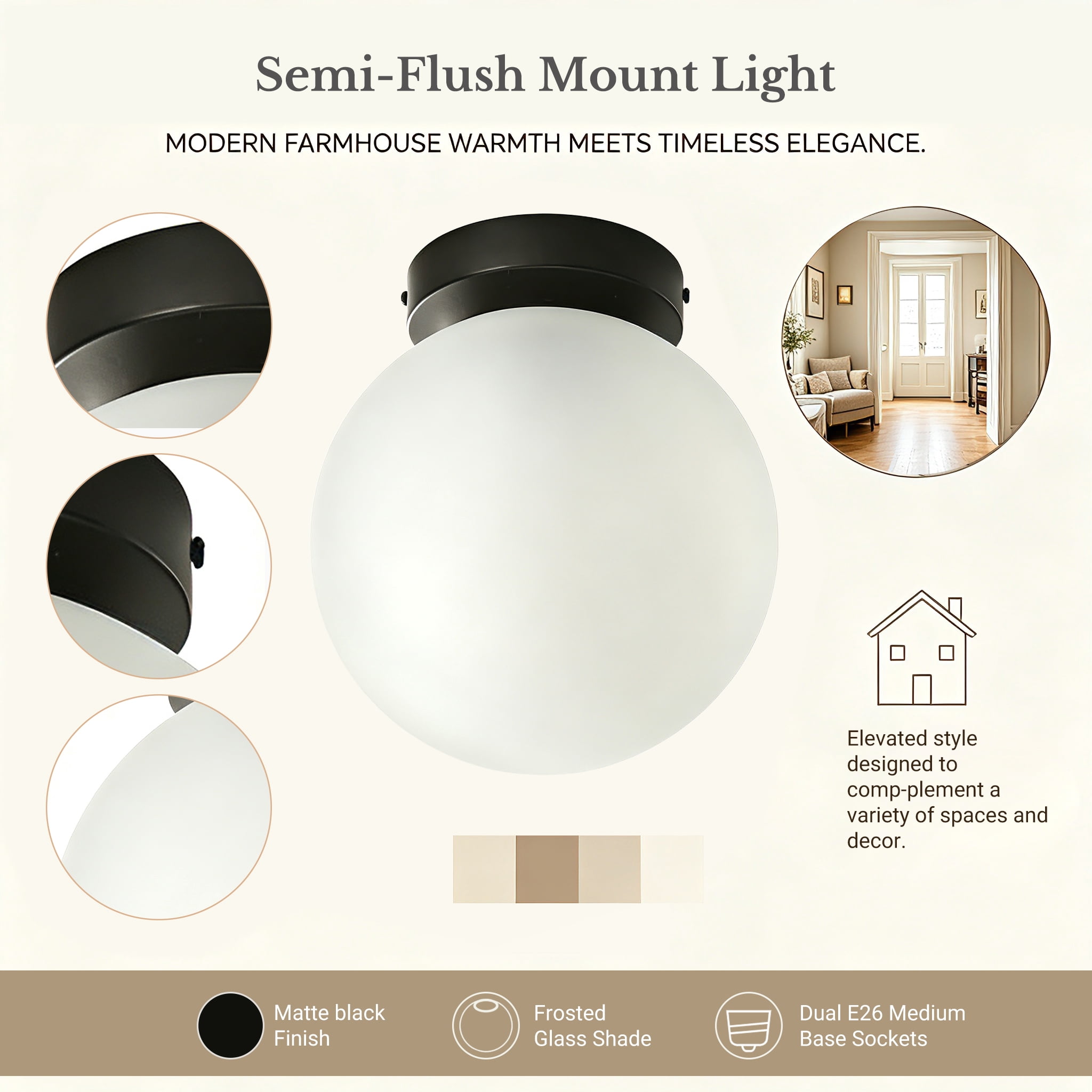 (2 pack) Better Homes & Gardens 8 in Semi-Flush Mount Ceiling Light, Black Finish with Frosted Glass Shade