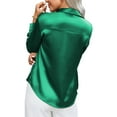 thumbnail image 4 of Dyfzdhu Satin Shirts for Women Silky Long Sleeve Button Down Shirt Casual V Neck Blouse Loose Business Work Tunic Tops Dressy Blouses Green, 4 of 5