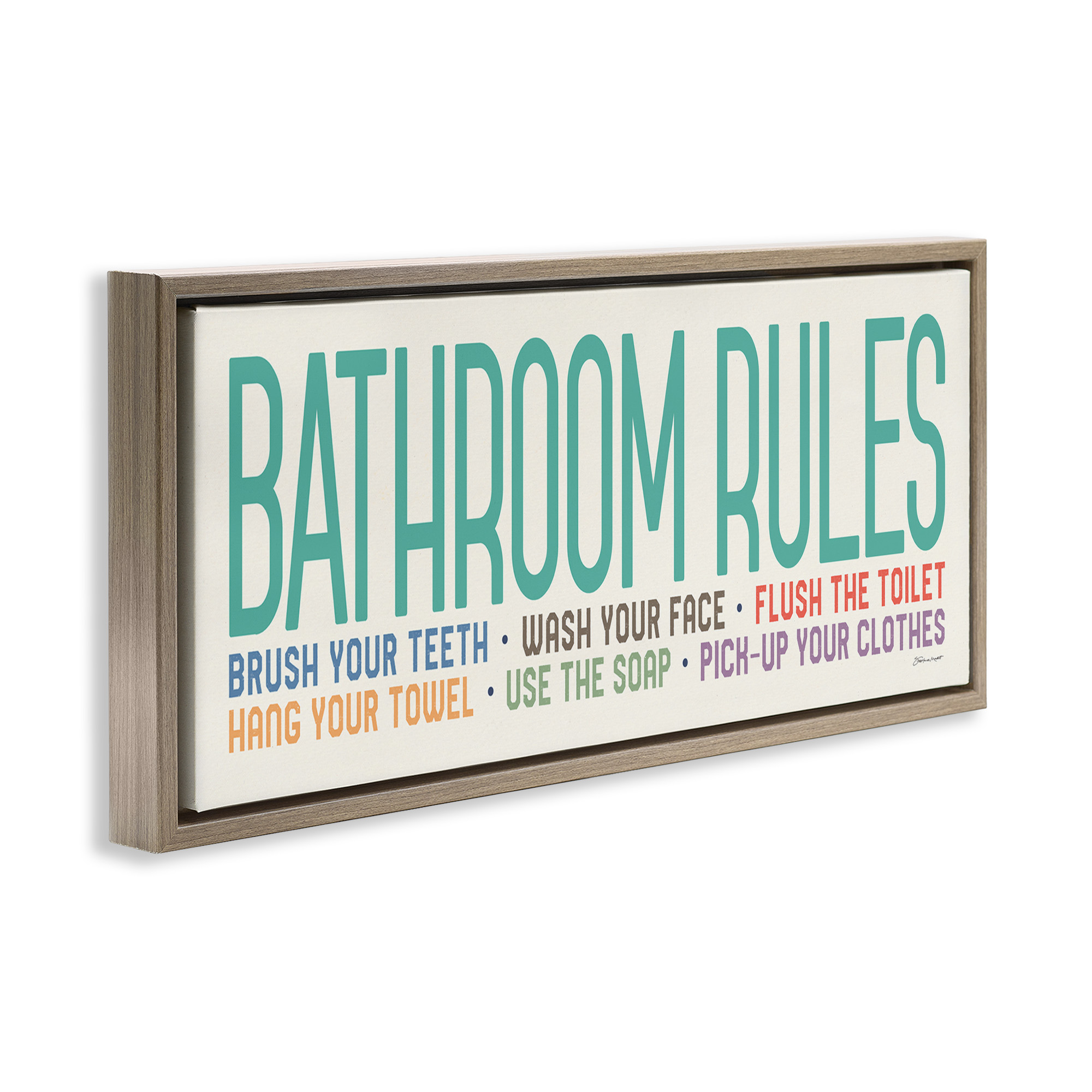 Stupell Industries Bathroom Rules with Teal Text Abstract Painting Brown Floater Framed Canvas Art Print Wall Art, 25 x 11